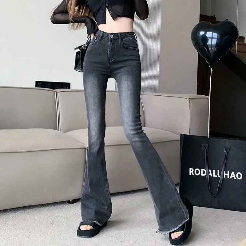 Dames herfst nieuwe modetrend hoge taille wijde pijpen slim fit elastische franjes ontwerp gevoel veelzijdige micro uitlopende broek