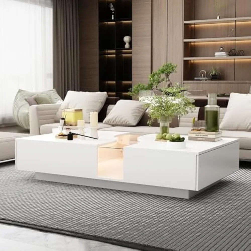 

Современный журнальный столик с подсветкой и стеклянной столешницей, центральный стол с 2 ящиками, для гостиной, белый, 55,1 дюйма Ш x 31,5 дюйма Ш x 11,8 дюйма В
