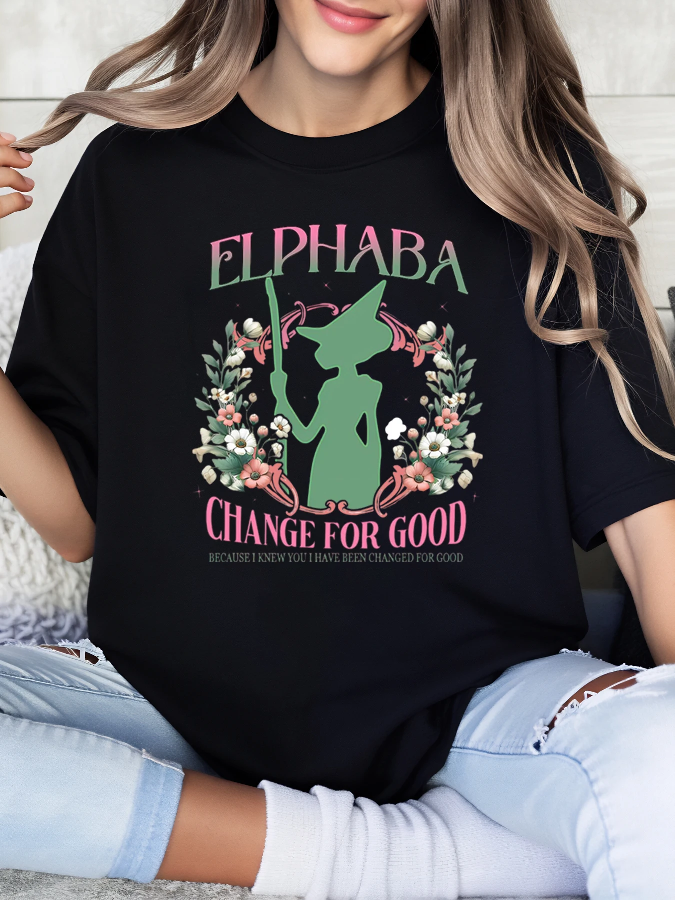 Elphaba Change for Good Witch 꽃무늬 디자인 할로윈 티셔츠 여성 캐주얼웨어 블랙 플러스 사이즈