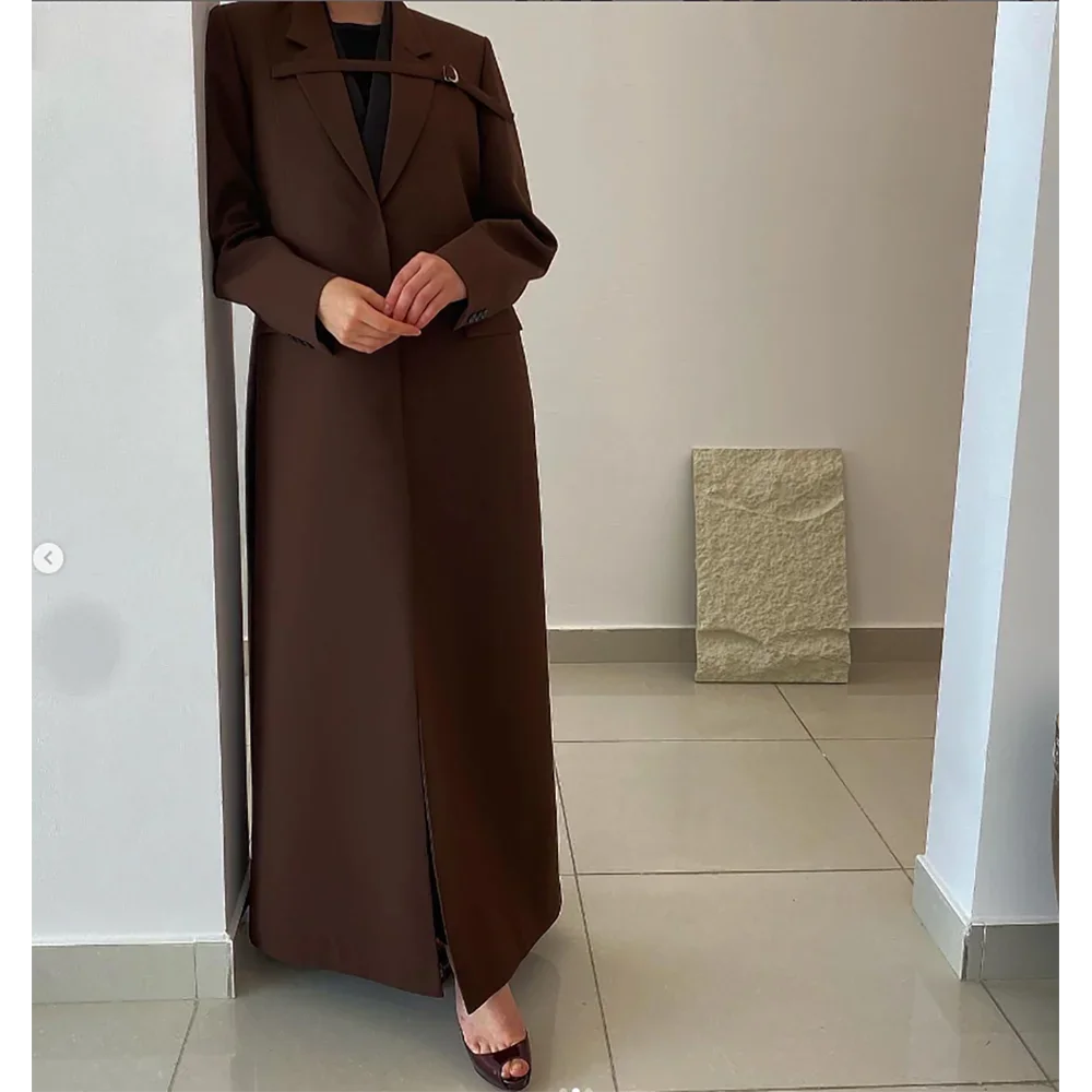 Brown Women Long Jacket Slim Single Breasted Female Daily Coat Formal Ankle Length Dress Jaqueta Feminina