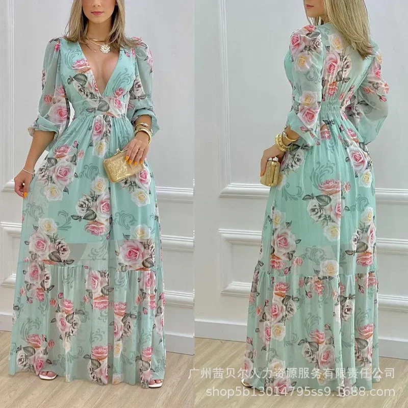 Dress Party Women Print Floral Long Dresses Tight High Waist V Neck Prom Vestidos Full Sleeve A Line Elegant Lady Bohemian