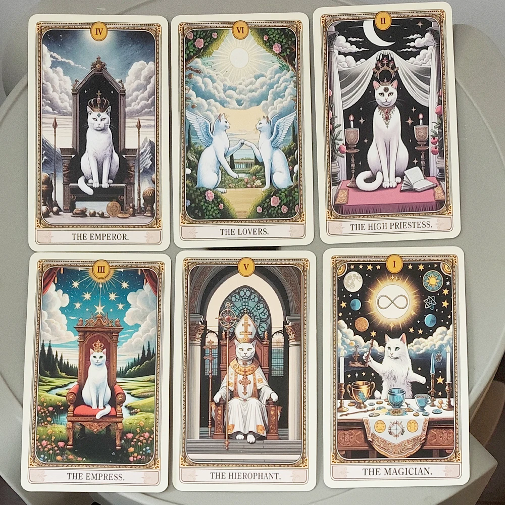 Cat Tarot Deck 11*6.2cm 78 Cards with Guidebook, Cute White Cat Theme Tarot Cards Fortune Telling Cards in Portable Tin Box view 5