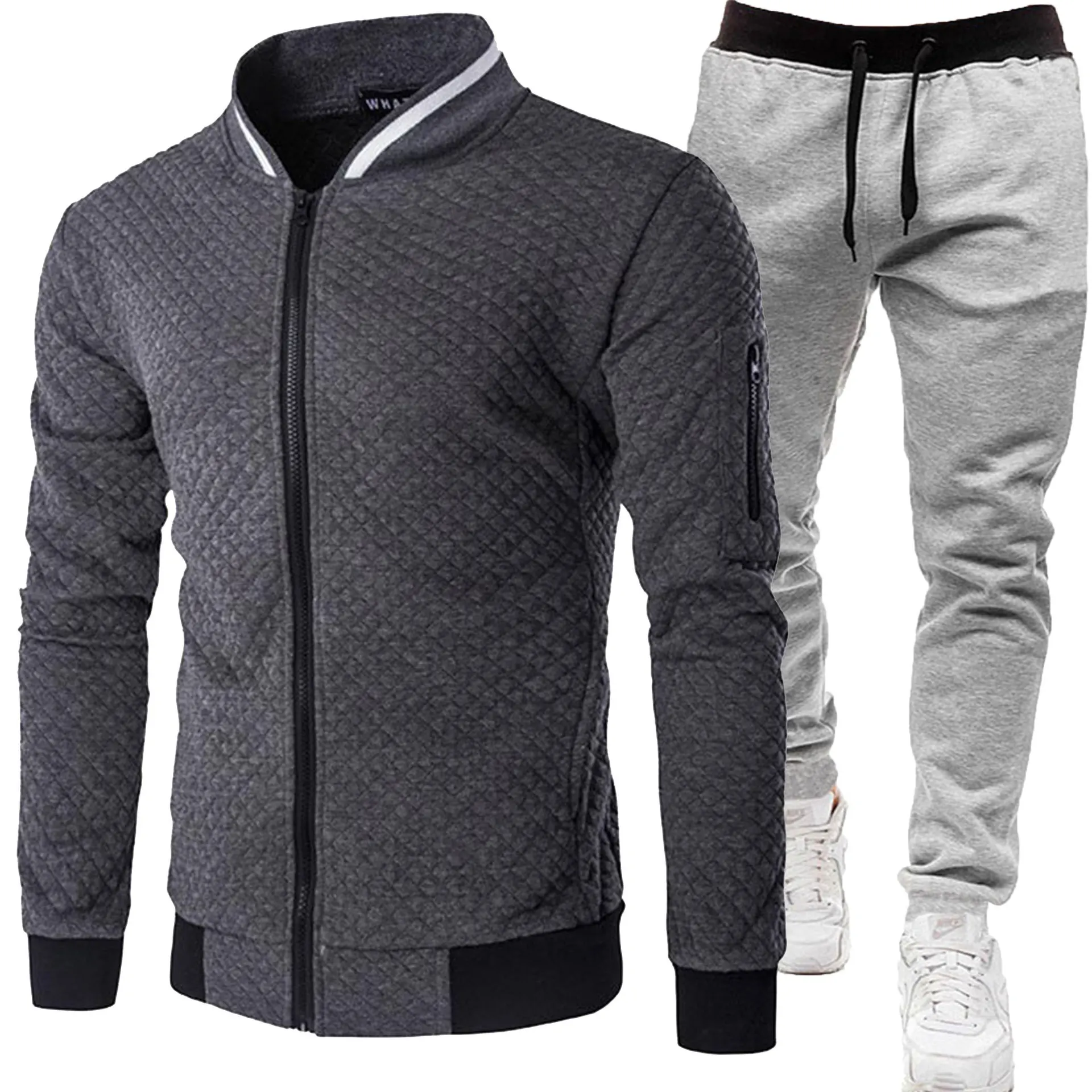 Herren Gesteppte Bomberjacke Trainingsanzug Herbst Winter Reißverschluss-Cardigan Sweatshirt Jogginghose Zweiteiliges Casual Sportbekleidungs-Set – Detail 14