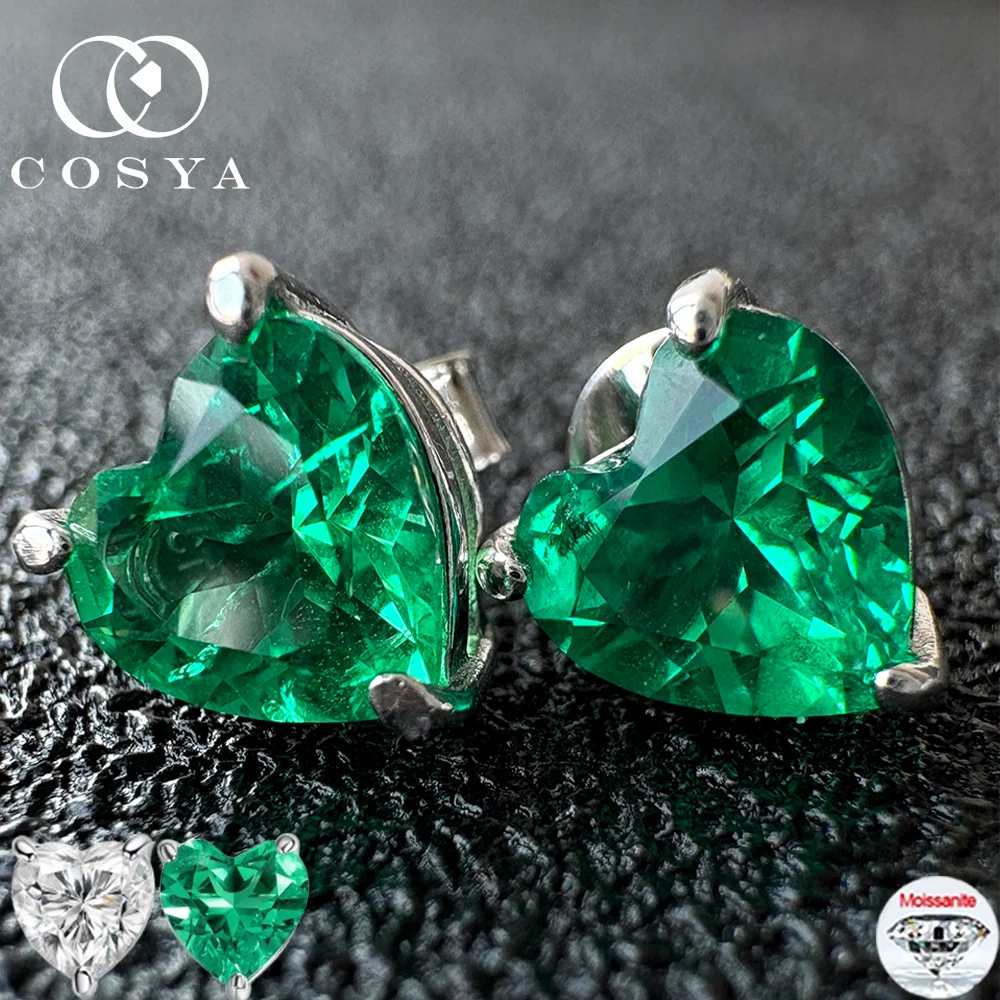 

COSYA 1CT 6,5 мм серьги-гвоздики в форме сердца с выращенным в лаборатории колумбийским изумрудом для женщин, серьги-гвоздики из 100% серебра 925 пробы с муассанитом, ювелирные изделия
