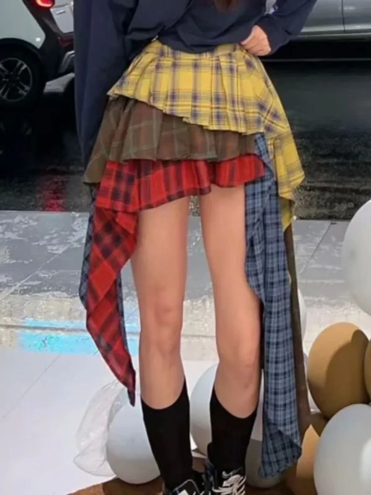 

Асимметричная юбка с нерегулярным клетчатым принтом, женская, средней длины, прямого кроя, А-силуэт, летняя, цветная