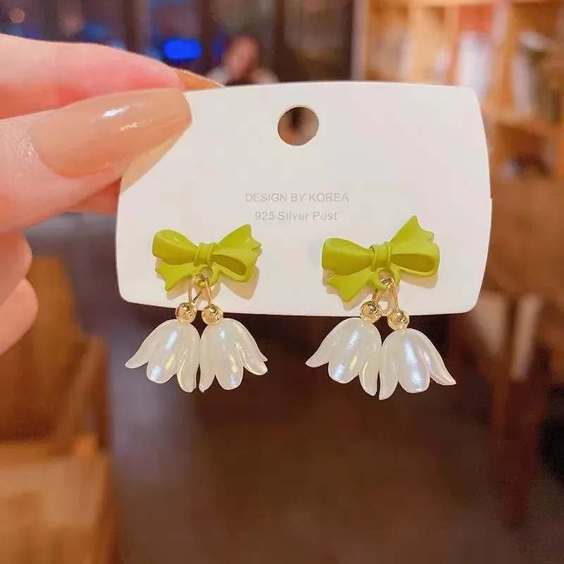 Green Bowknot Knotted Lily of the Valley Pendant Earring for Women Convallaria Majalis Jewelry Wholesale Christmas Girl Gift