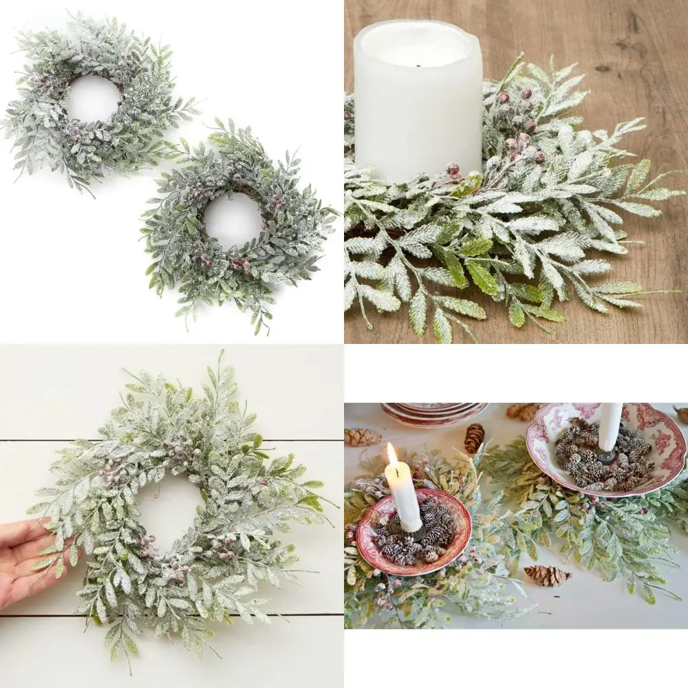 

Pair of Artificial Frosted Fern Christmas Candle Rings with Faux Winter Greenery for Pillar Candles