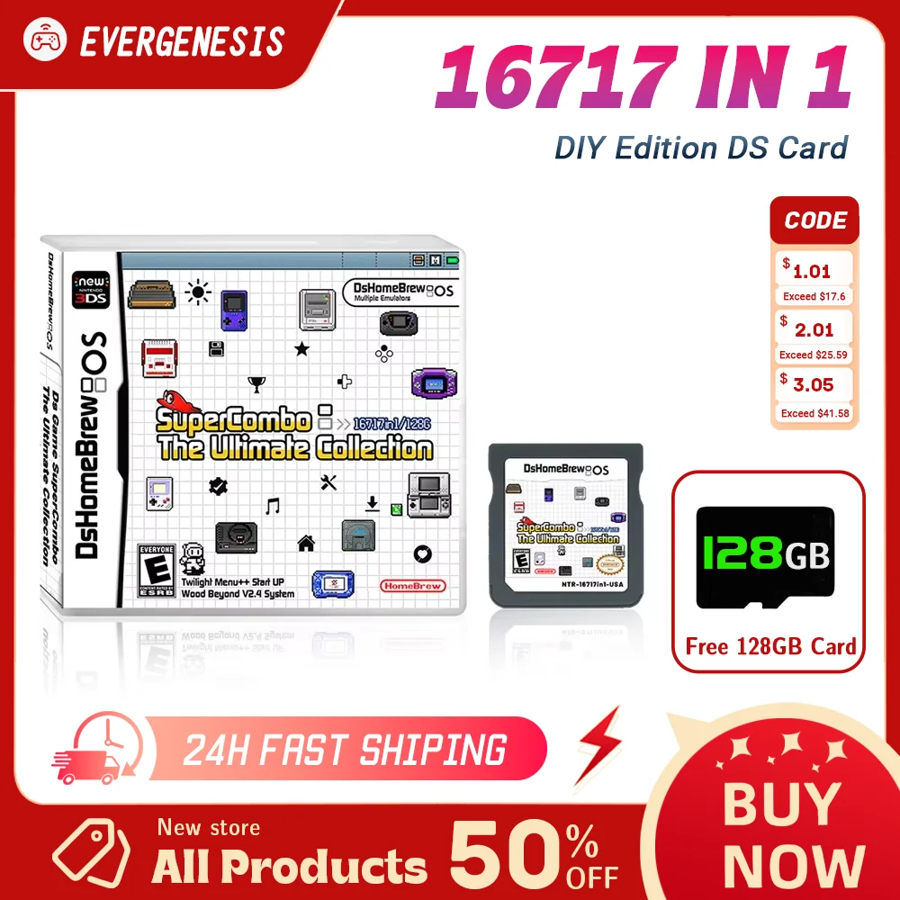 SuperCombo 16717 in 1 Game Collection R4 3DS Flash Card NDS SDHC Adapter Memory Card RTS DS Video Game Card With 128G TF Card