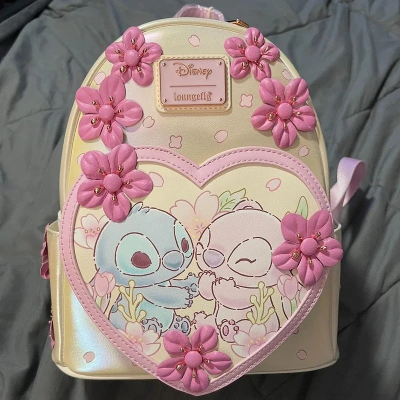 

Loungefly Disney Stitch & Angel Cherry Blossom Heart Мини-рюкзак Настенный женский кошелек Подарочная карта Сумка Двойной складной кошелек для монет