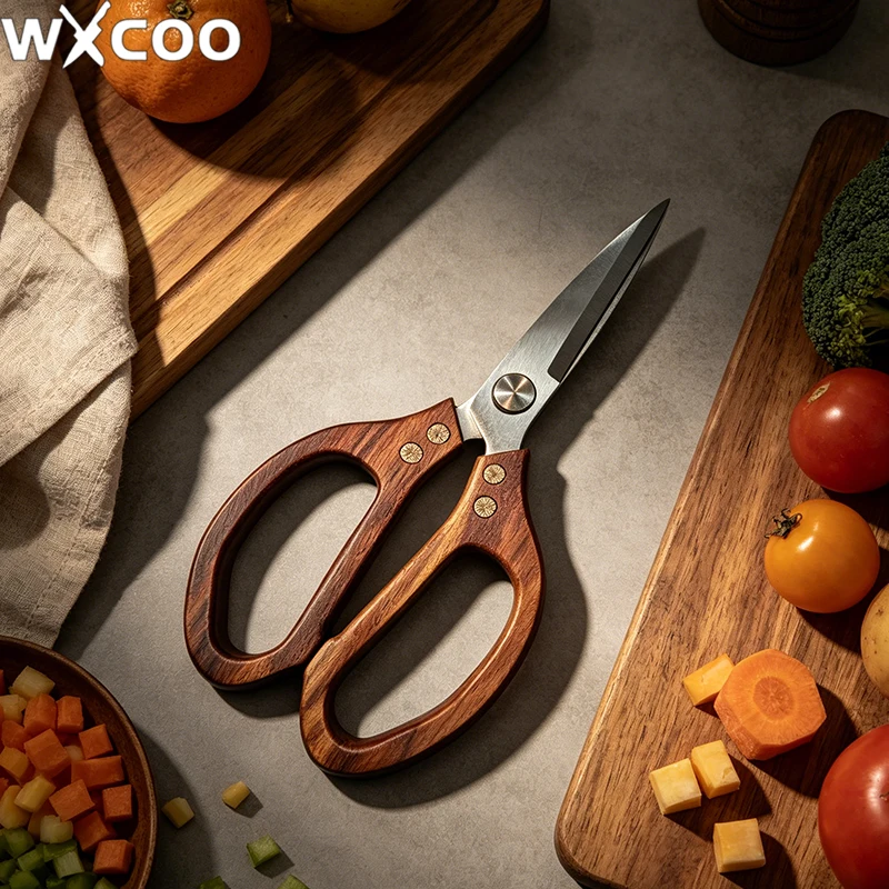 Tijeras de Cocina de Acero Inoxidable con Mango de Acacia, Tijeras Multiusos para Cortar Huesos de Pollo, Filetear Carne y Pescado
