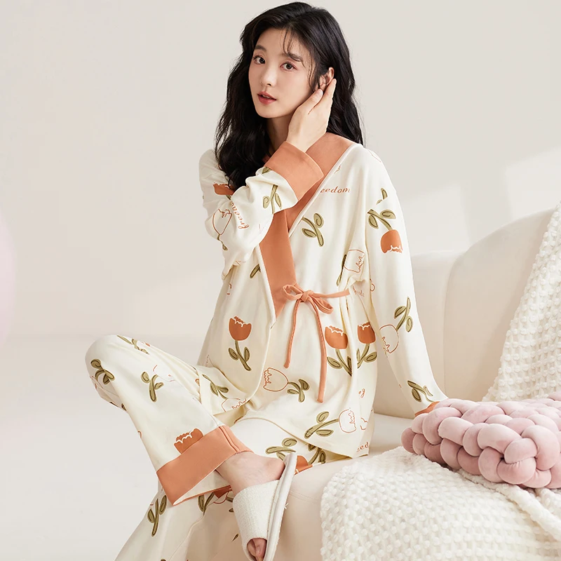 

Printed Modal Across V Nursing Sleepwear for Maternity Autumn Breastfeeding Cardigan Pajamas Suits Pregnancy Hospital Homewear