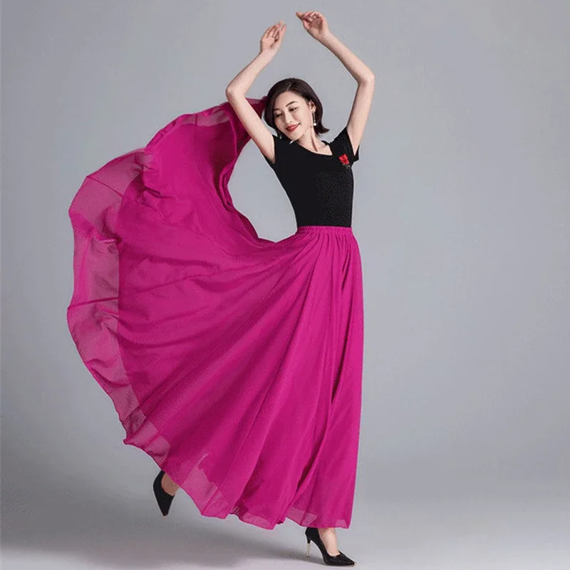 

Spring Summer Autumn High Waist Ethnic Style High-grade Skirts 720 Degree Large Swing Dance Skirts Double-layer Chiffon Skirt