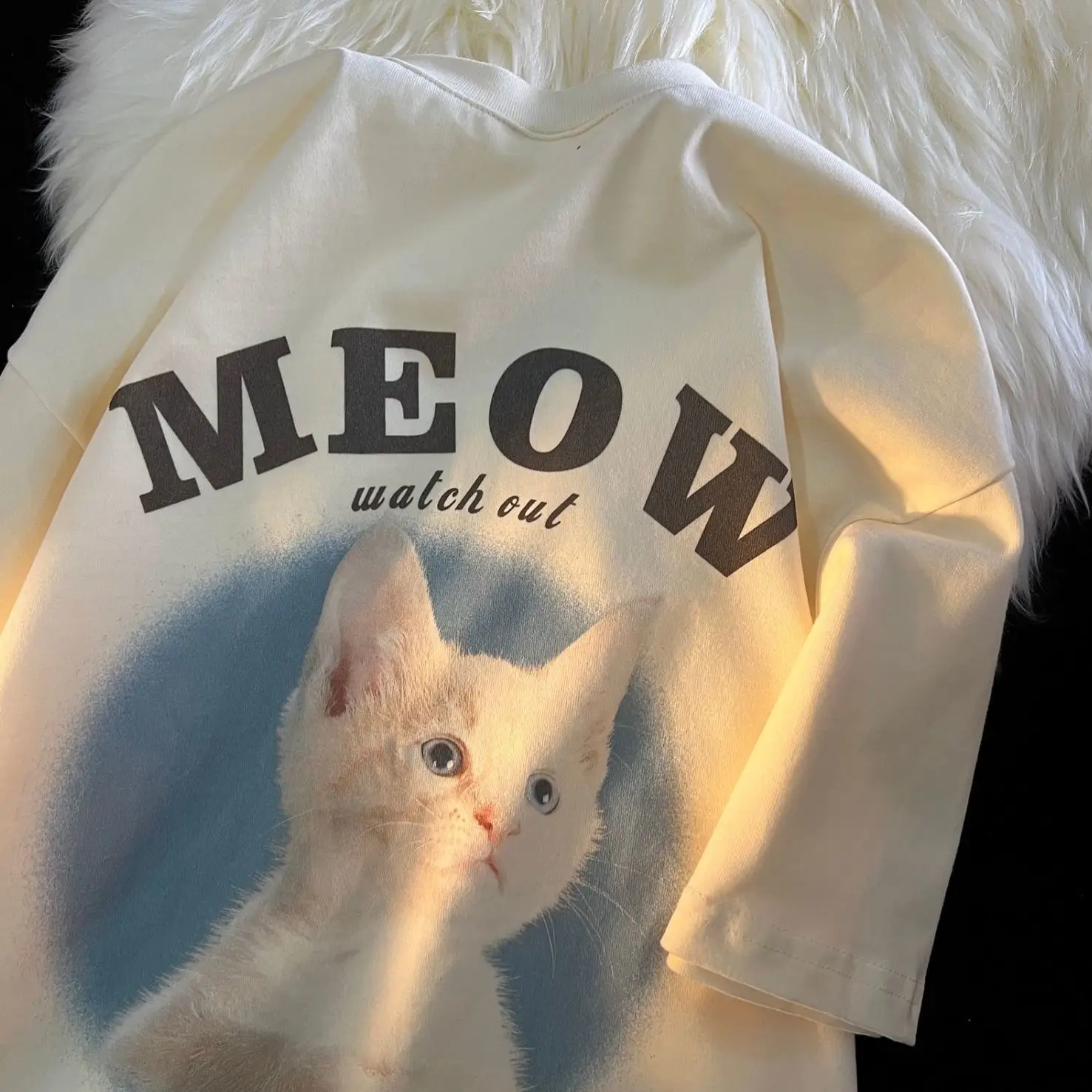 1pcs Meow Cat Watch Out  Cotton Short Sleeve T-shirt Cute Cat Print Tops Cat Will Save The World Cartoon Tshirts Casual Tees