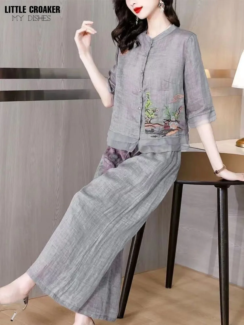 Oriental Vintage Chinese Clothes Set Women Ladies Cotton Linen Breathable Modern Summer Chinese Style Two Piece Top Pant Suit