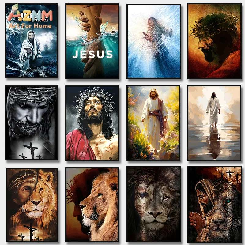 AZNM Jesus Christus Löwe von Juda Leinwand-Wandkunst Religiöses Kreuz Dornenkrone Ozean Glaube Druck Ungerahmte Leinwand Christlicher Kunstdruck