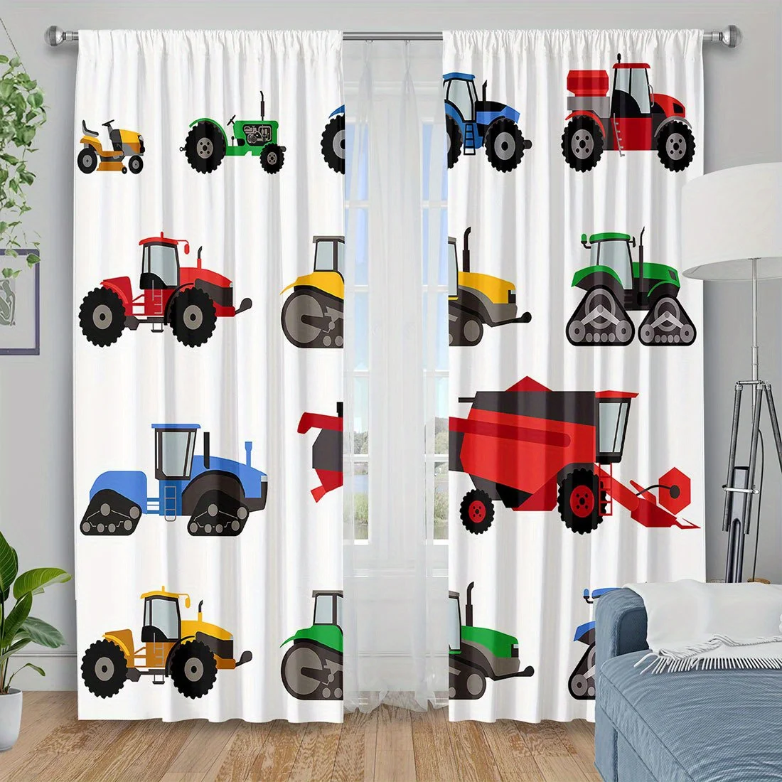 Cartoon Tractor Curtain Colorful Farm Machinery Print Drape, Agricultural Vehicle Window Treatment for Kids Bedroom Nursery Home