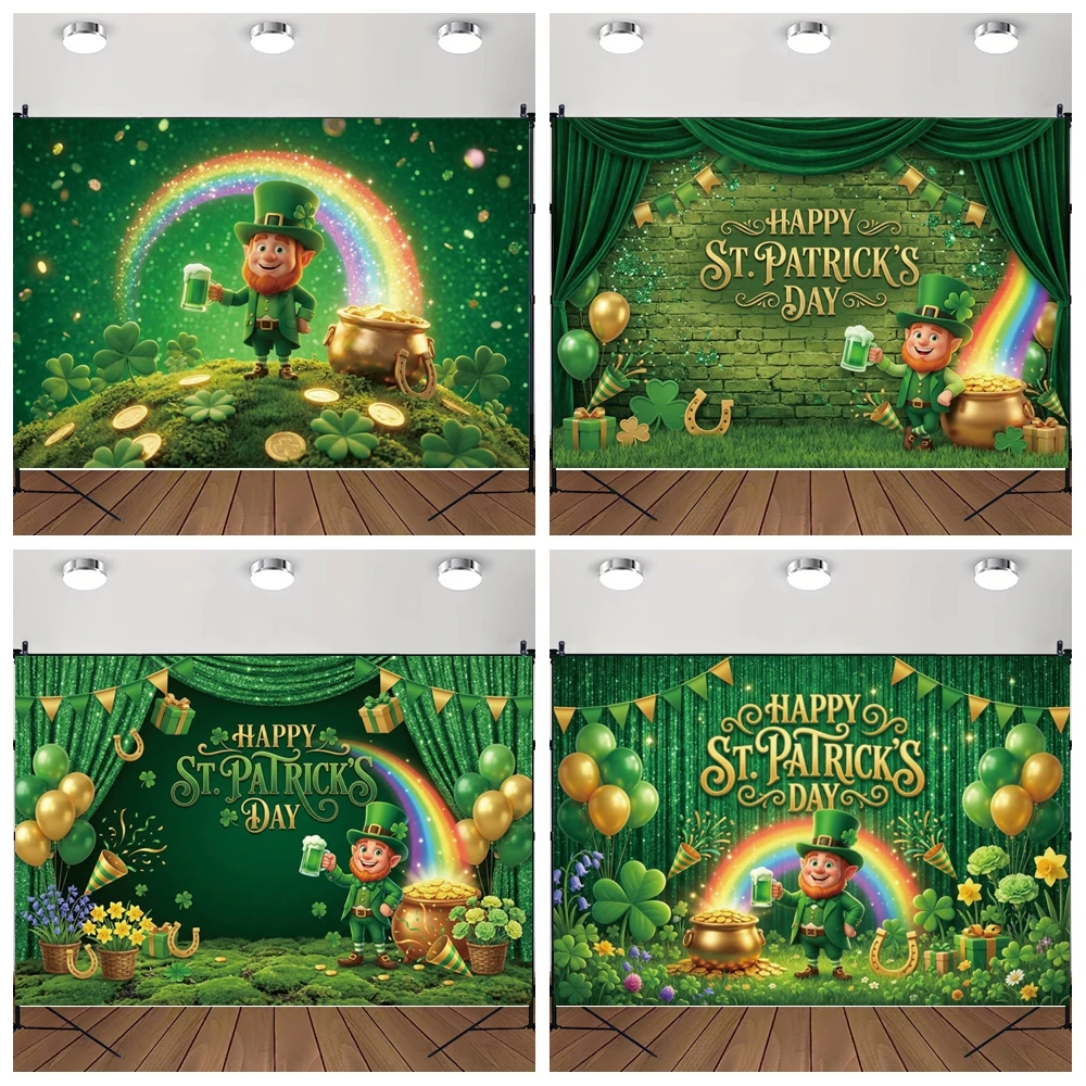 

MOON.QG St. Patrick's Day Clover Backdrop Leprechaun Rainbow Pot Backgrounds For Photographs Photocall Photozone Photo Studio
