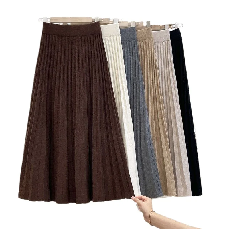ارتفاع الخصر ألف خط محبوك تنورة صغيرة المرأة الخريف الشتاء فضفاض التخسيس ميدي تنورة الطابق طول تغطي الورك نمط أنيق #5