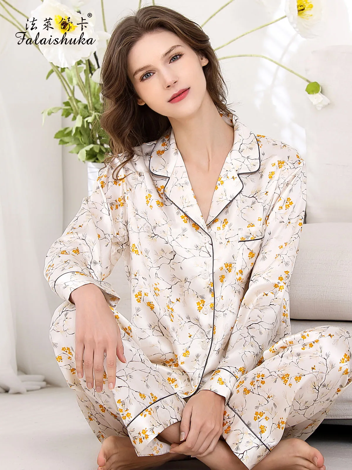 

19 momme 100% genuine silk pajamas sets women sleepwear New high-end fashion Elegant floral pure natural silk pyjamas T8715