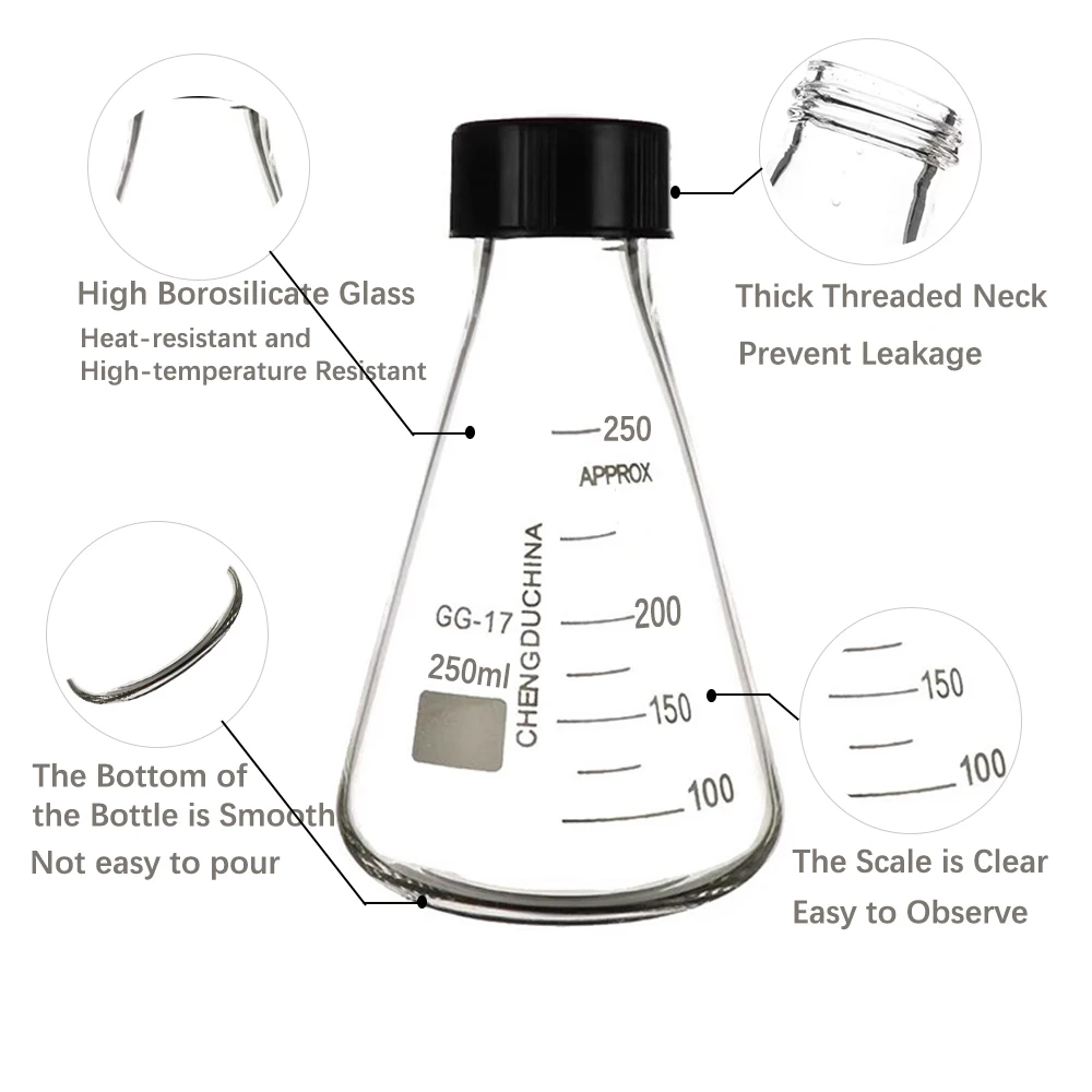 50-250ml Borosilicate Glass Erlenmeyer Flask with Black Screw Cap, Lab Conical Triangle Flask for Chemistry Experiment