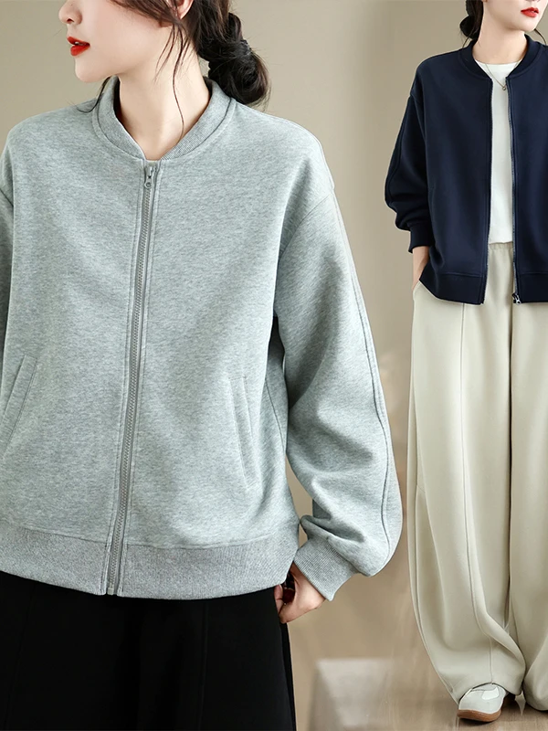 Women's Sweatshirt Jacket Loose Fit Zipper Baseball Collar American Casual Style Autumn Fashion Outerwear Top