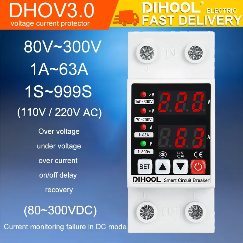 Adjustable Voltage and Current Protector 110/220V 1~63A with Delayed Self Recovery
