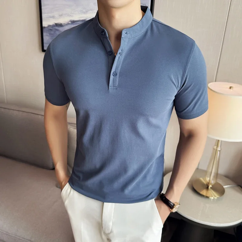 Men Chinese Standing Neck Polo Shirt 2024 Summer New Thin Solid Color Casual Short Sleeved Elastic Slim Fit T-shirt Men Clothing