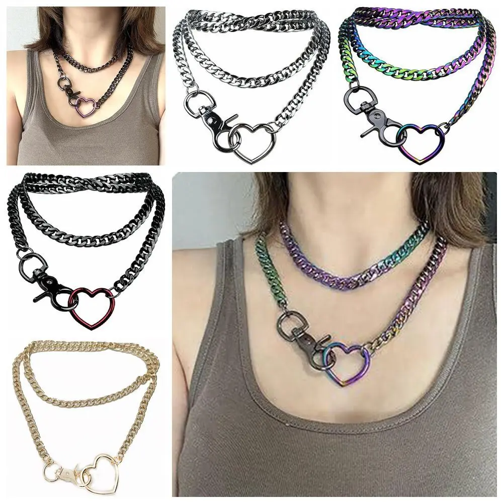 Stainless Steel Heart Slip Chain Necklace Rainbow Heart O-Ring Chunky Chain Necklace Choker with Adjustable Tail Necklace