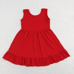 Wholesale Boutique Baby Girl Summer Kids Sleeveless Red Cotton Ruffle Dress Children Toddler Knee Length One Piece Clothing