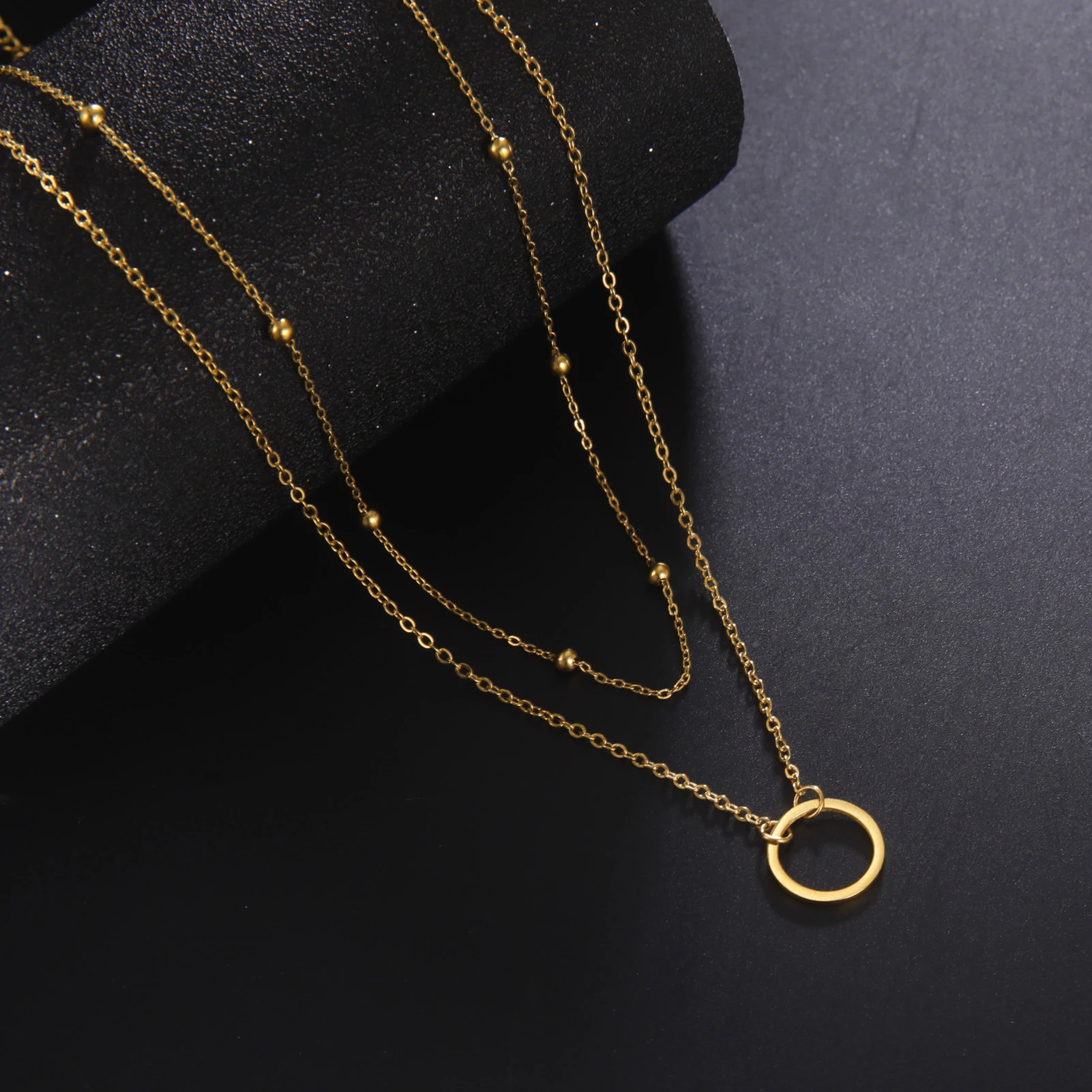 Cazador Stainless Steel Geometric Round Pendant Double Chain Necklaces for Women Jewelry Multilayer Necklace Mother Day Gift