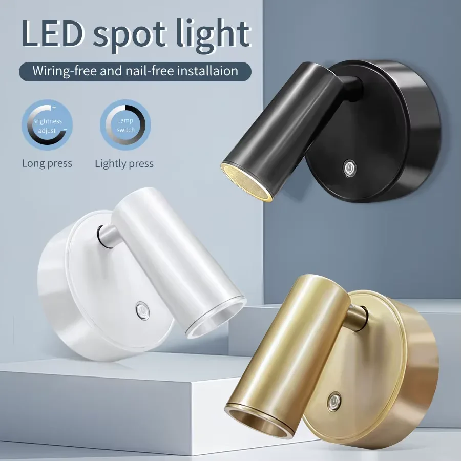 

Wireless LED Spotlight 3-Color Dimmable Indoor Wall Lamp Adjustable Directional Spotlight for Stairs Living Room Bedroom Hallway