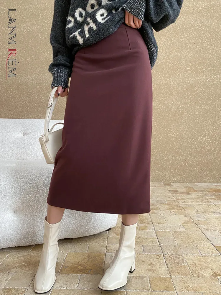 [LANMREM] Wool Skirts For Women High Waist Straight Mid-length Office Lady Thick Wamr Fit Skirt Female 2025 Spring New 26C1119