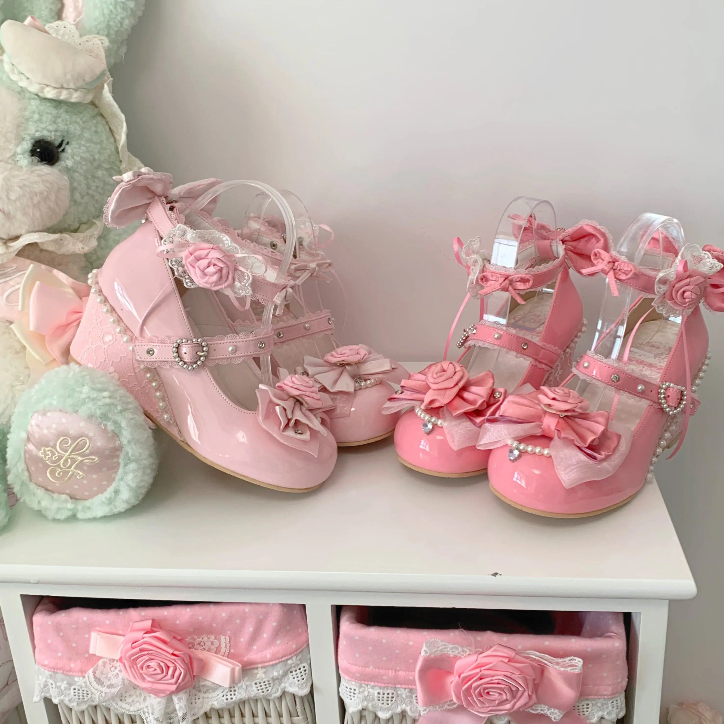 

Original Wedding Gorgeous Bow Elegant Sweet Wedge Lolita Shoes Heavy Pearl Lace Bow Cute Girl Lady Princess High Heel Pumps