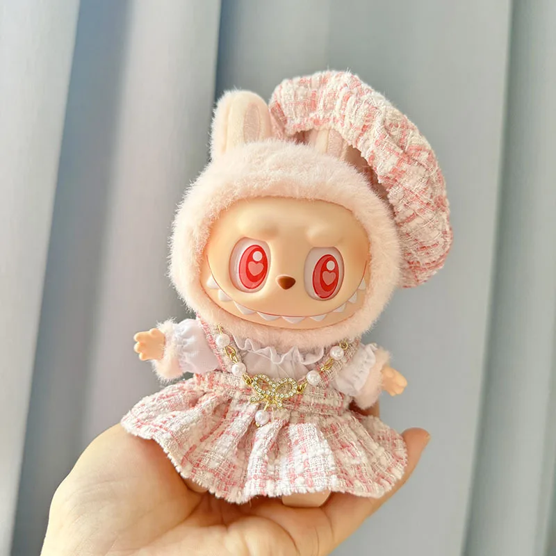 Mini Doll'S Clothes Outfit For 15-17cm Labubu V1 V2 Classic Grid style Dress Cloak Set With Pearl Element Beret Clothing