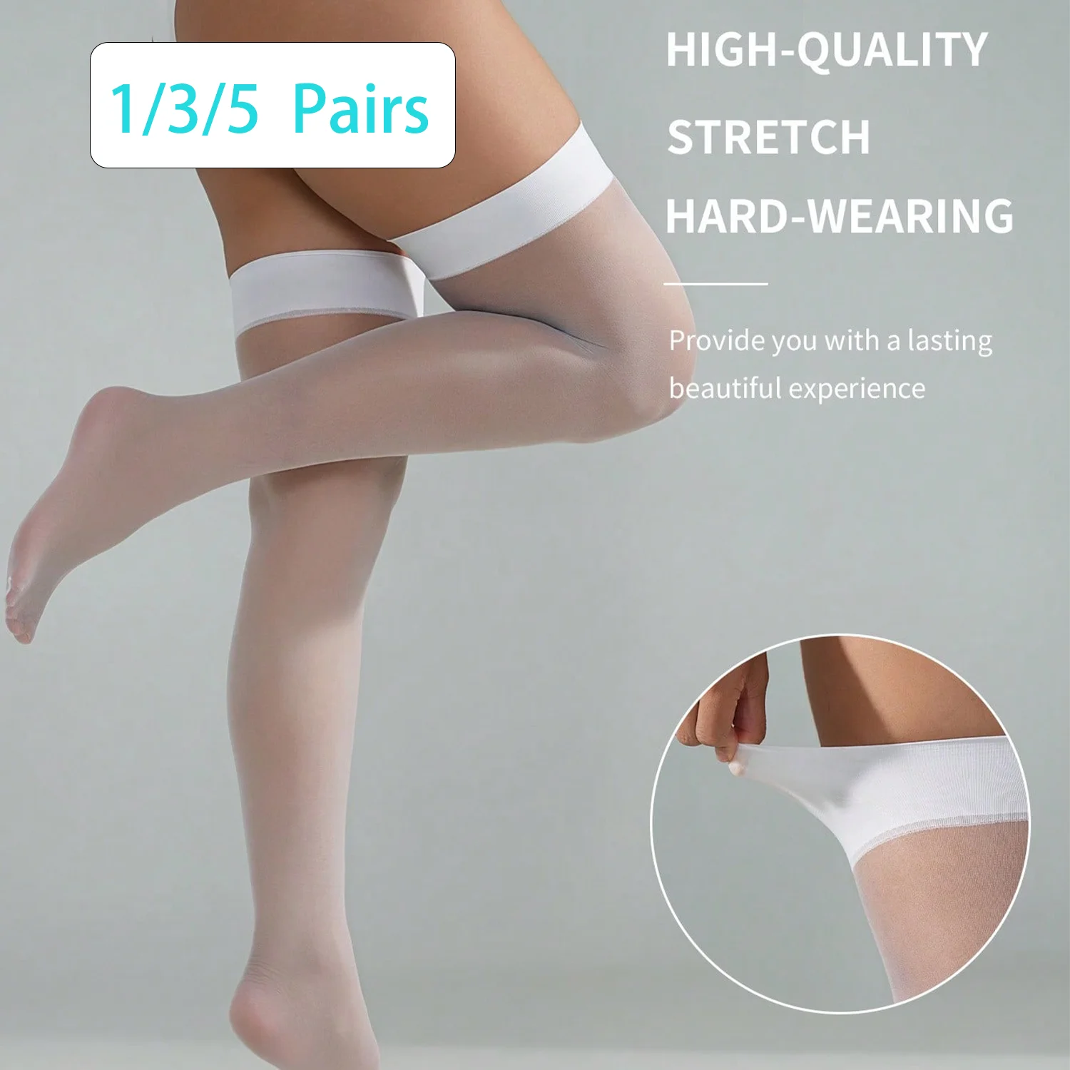 1/3/5Pairs White Wide Cuff Sheer Thigh High Socks Ultra Thin Stretch Elegant Daily Stockings Spring Summer Autumn