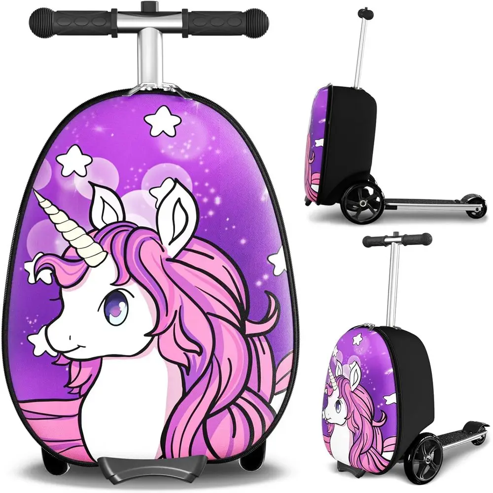 Scooter Suitcase for Kids: 2-in-1 Ride-On Luggage with Large PU Wheels, Adjustable Handle, and Non-Slip Grip, Suitable for Ages