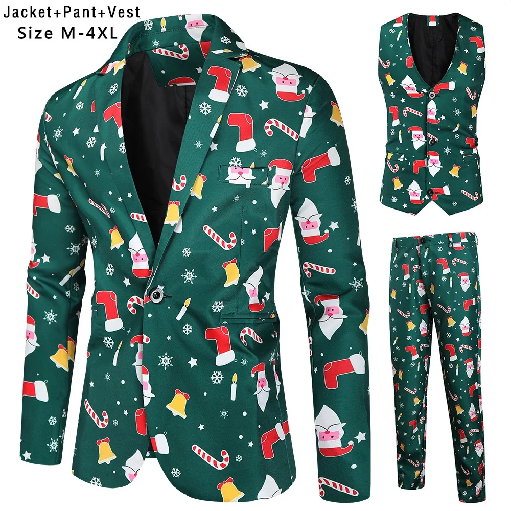 Suit for Men Christmas Day Party Prom Slim Fit 3 Pieces (Blazer+Vest+Trousers)Xmas Tree Print Dress Up Male christmas Suits Sets