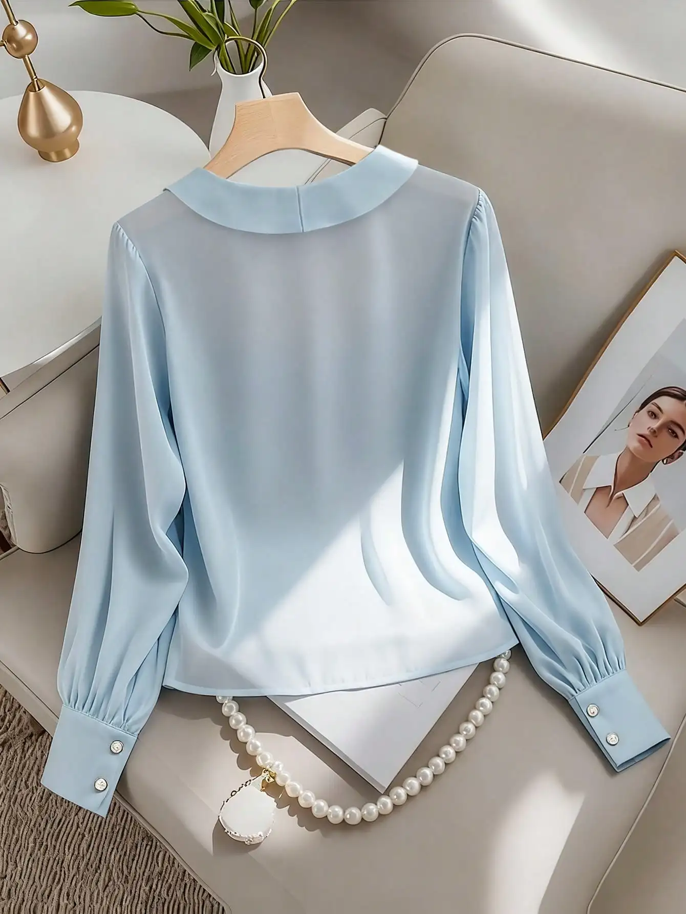 Hebe Style Blue Long Sleeve Shirt Women Elegant V-Neck Slimming Base Shirt Wood Grain Edge Chic Office Wear