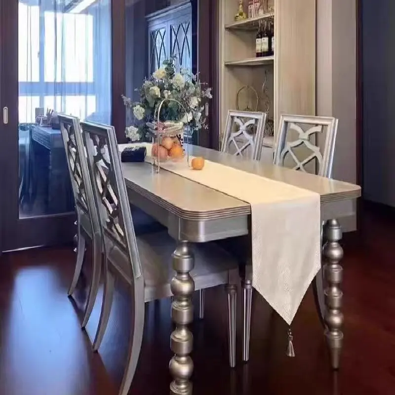

American dining table Modern solid wood furniture French premium gray champagne gold rectangular light luxury dining table