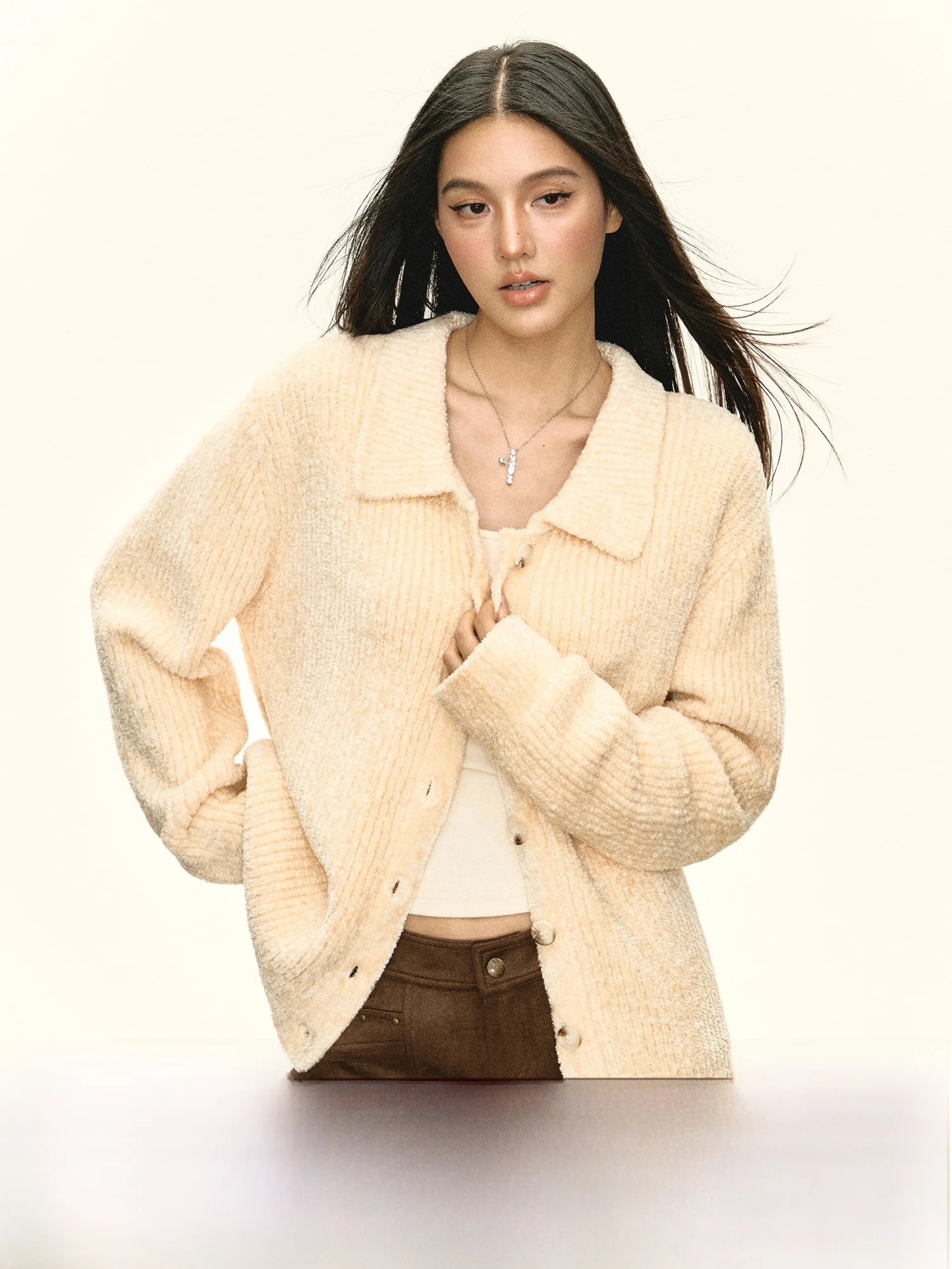 

Женский свитер-жакет Ariseism в американском ретро-стиле с воротником, осенне-зимняя новинка, свободный крой, уличный стиль, длинный рукав