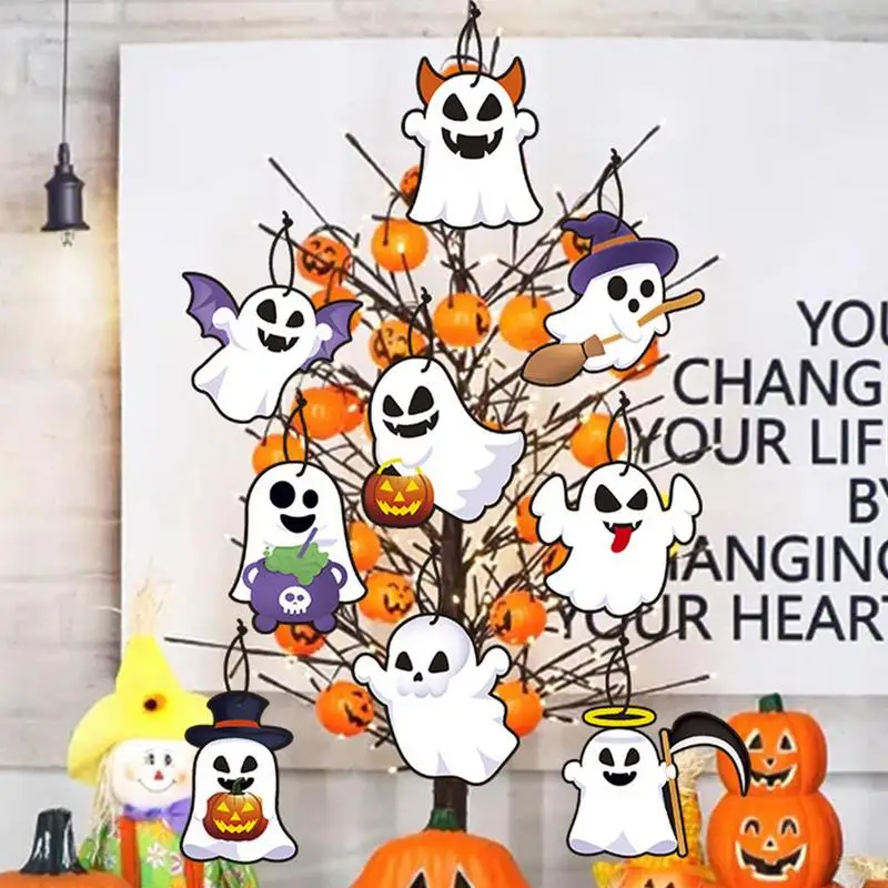 Ghost Ornament Spooky Halloween Ghost Welcome Sign For Front Door Decor 9PCS Halloween Door Hanger Sign For Window Wall Trees