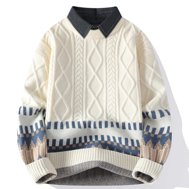 Ropa de hombre, jersey de Color contrastante con cuello vuelto, suéter de manga larga con rosca, Tops informales geométricos de punto para novio