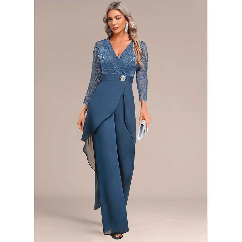 New Arrival Elegant Blue Chiffon Dresses for the Bride Mom V-Neck Floor Length Full Sleeves High Quality Women Pants Dresses