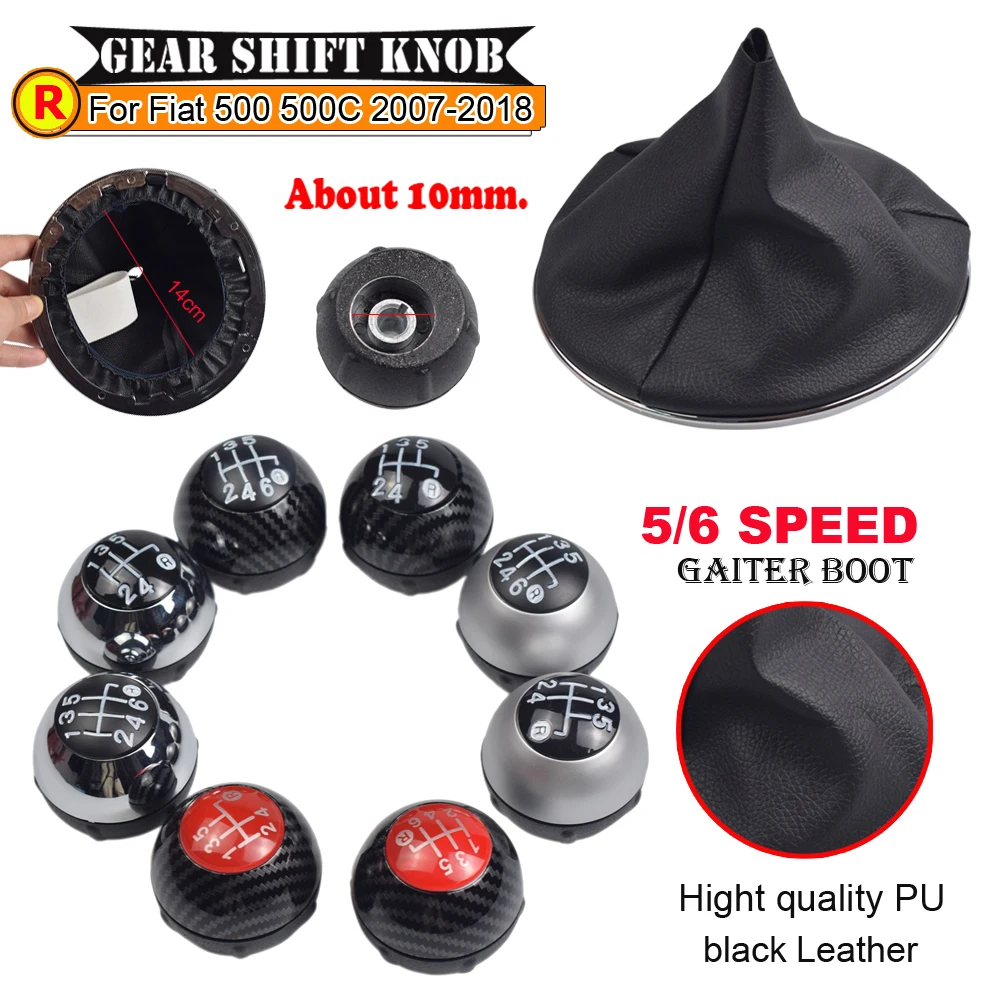 For Fiat 500 500C 2007 - 2018 5 6 Speed Gear Shift Knob Sitck Head Leather Gloss Black Cap Replacement