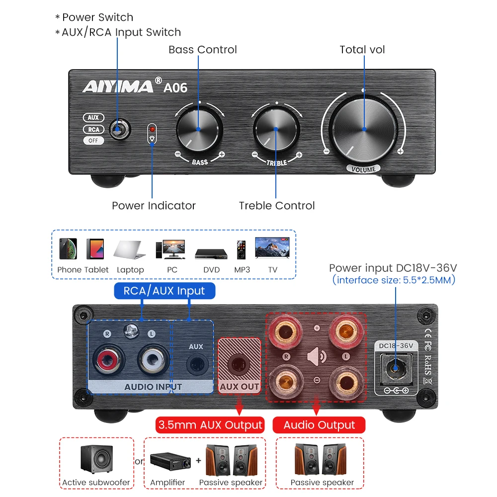 AIYIMA A06 TDA7498E Amplifier RCA AUX HIFI Stereo Amplifier 2.0 Channel Sound Amplifier 160Wx2 For Home Audio System