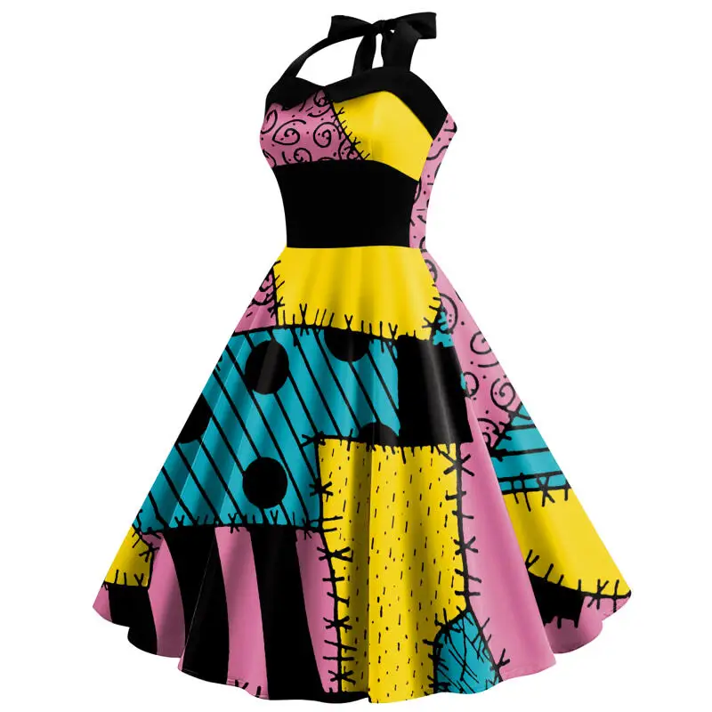 Halloween Sally Kostüm für Damen, Neckholder-Kleid mit Rückenband, A-Linien-Schwingkleid, Patch-Print, Retro-Kleid, Ausgefallene Karnevalsparty-Outfits – Detail 3