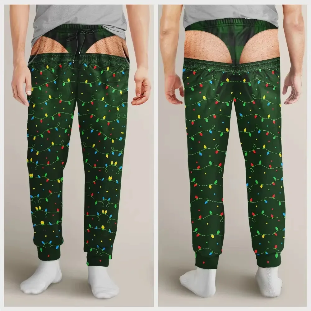 New Funny Fake Butt Cutout Christmas Light Print Unisex Straight Pants, Novelty Trousers for Christmas Party Holiday Loungewear