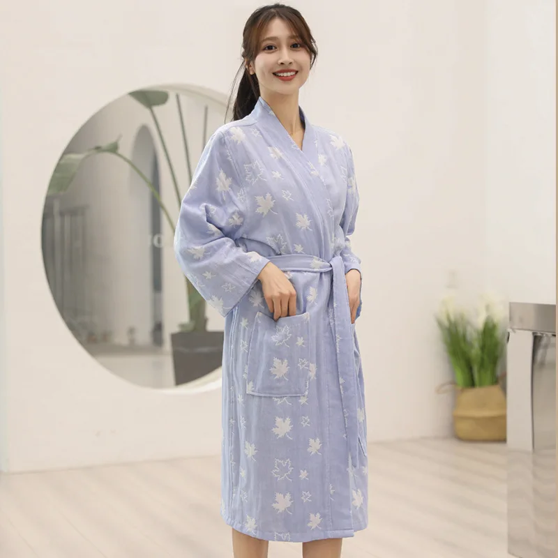 Autumn New 100% Cotton Water Uptake Nightgown Sexy Kimono Bathrobe Women\'s Sleepwear Gauze Sleepshirts Female Spa Hotel Robe