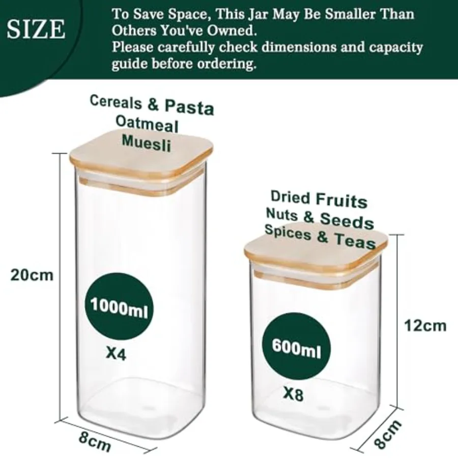 12-Pack Square Glass Storage Jars with Bamboo Lids 0.6Qt/1.06Qt - Stackable Food Containers for Pantry Organization, Coffee, Fl view 2