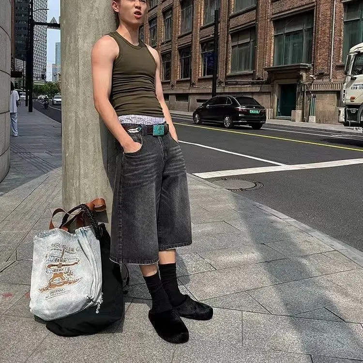 เอวสูงสีดํา Retro ล้างกางเกงยีนส์กางเกงขาสั้นผู้หญิง Harajuku Vintage แฟชั่น Casual หลวม Y2K Streetwear กลางยาวกางเกงขากว้าง
